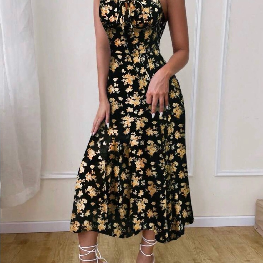 SHEIN Black and Gold Floral Midi Dress